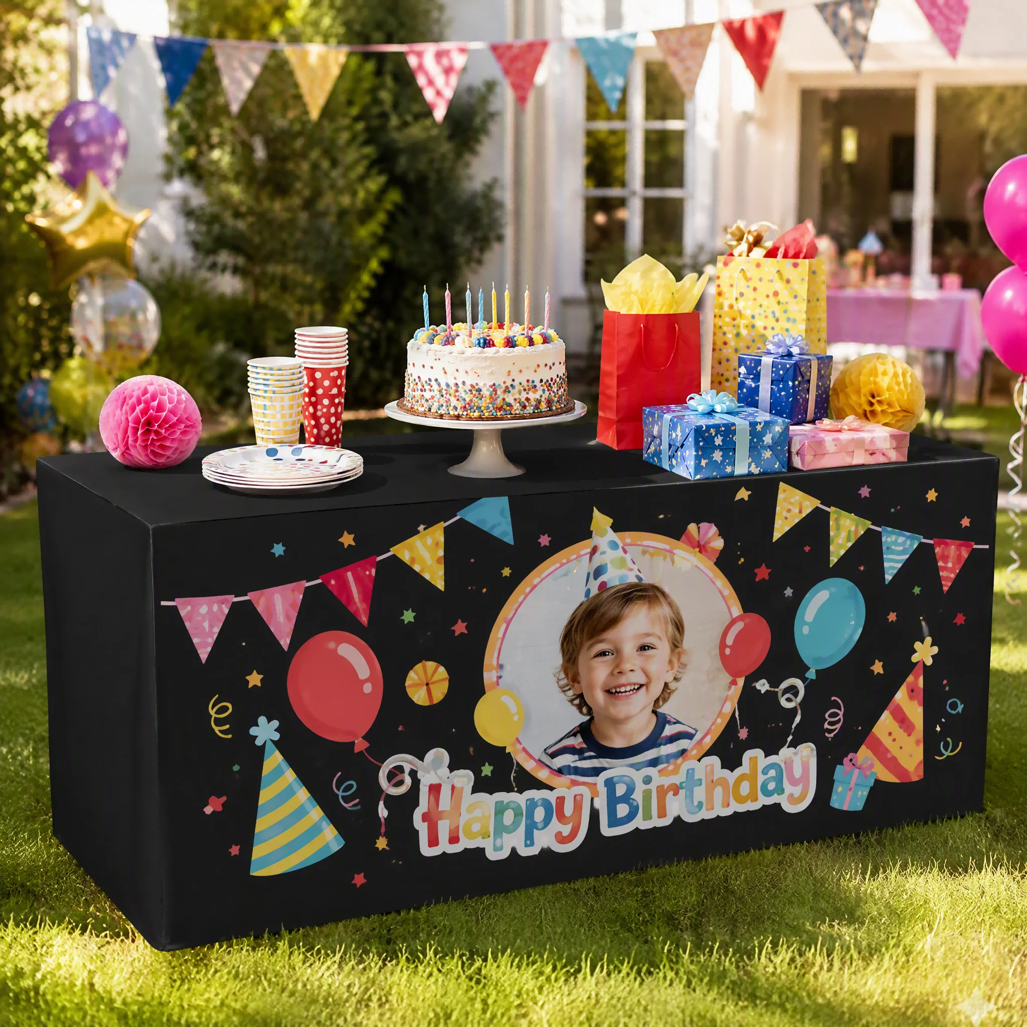 Custom Personalized Birthday Table Cover Photo Printed Party Tablecloth Custom Name Kids Birthday Party Decoration Dessert Table