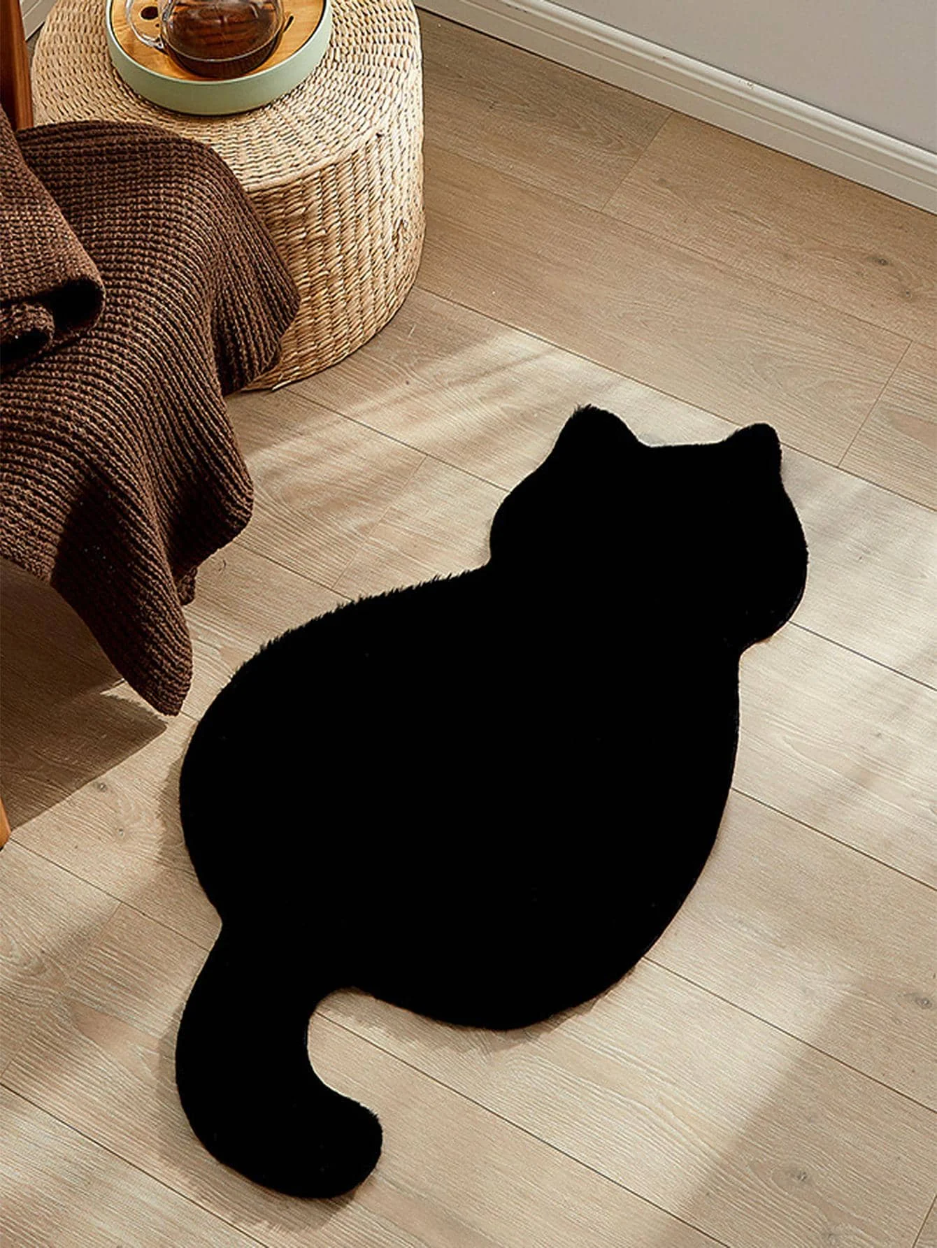 1 black upright cat shaped imitation rabbit hair carpet mat for home decoration non-slip for living room and other scenes