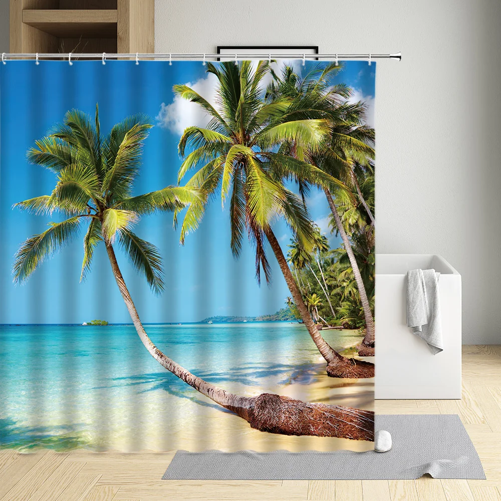 

Ocean Sandy Beach Scenery Shower Curtain Sky Palm Trees Modern Environmental Protection Waterproof Cloth Decor Screen With Hooks