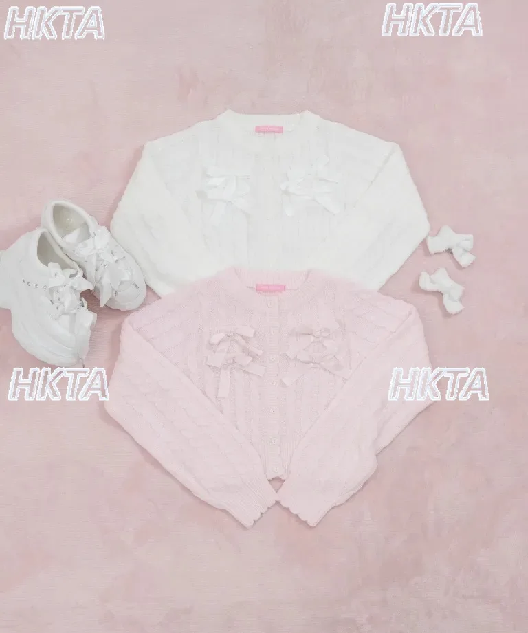 

Japanese Style Girl Bowknot Cable Knit Bow High Waist Knitted Cardigan Sweater 2025 Autumn New Sweet Pink Long Sleeve Sweater
