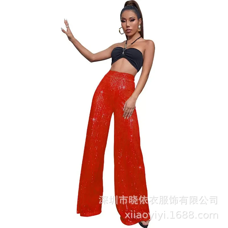 New Women's Solid Color Wide-leg Pants Casual Fashion Elegant Black Sequins Holiday For Women Long Pant Womens Clothing