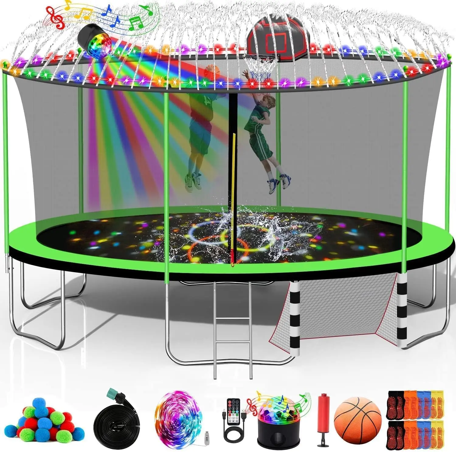 

10FT 16FT Heavy Duty Trampoline with Basketball and Enclosure Net Anti Rust Steel Poles