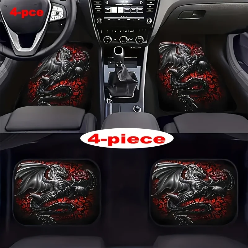 

4 шт., универсальные автомобильные коврики универсального размера с драконом и розой, материал из полиэфирного волокна, противоскользящая подкладка, легко чистится, автомобильное интерьера