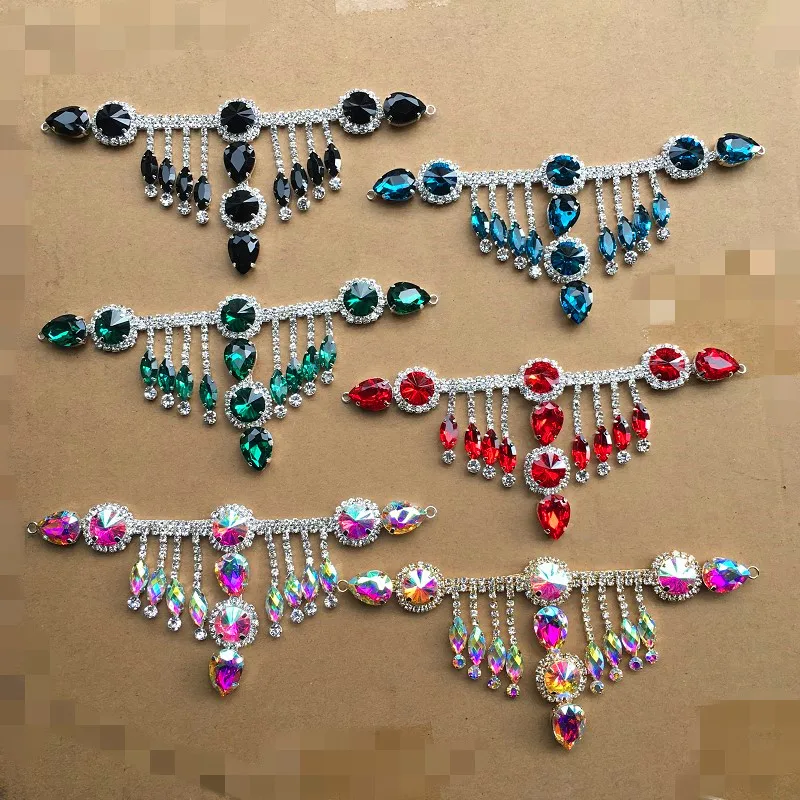 Black Red Blue Peacock Green AB crystal Rhinestone Applique for Dancing Dress Accessory Dangle Crystal Trims For Dress Collars