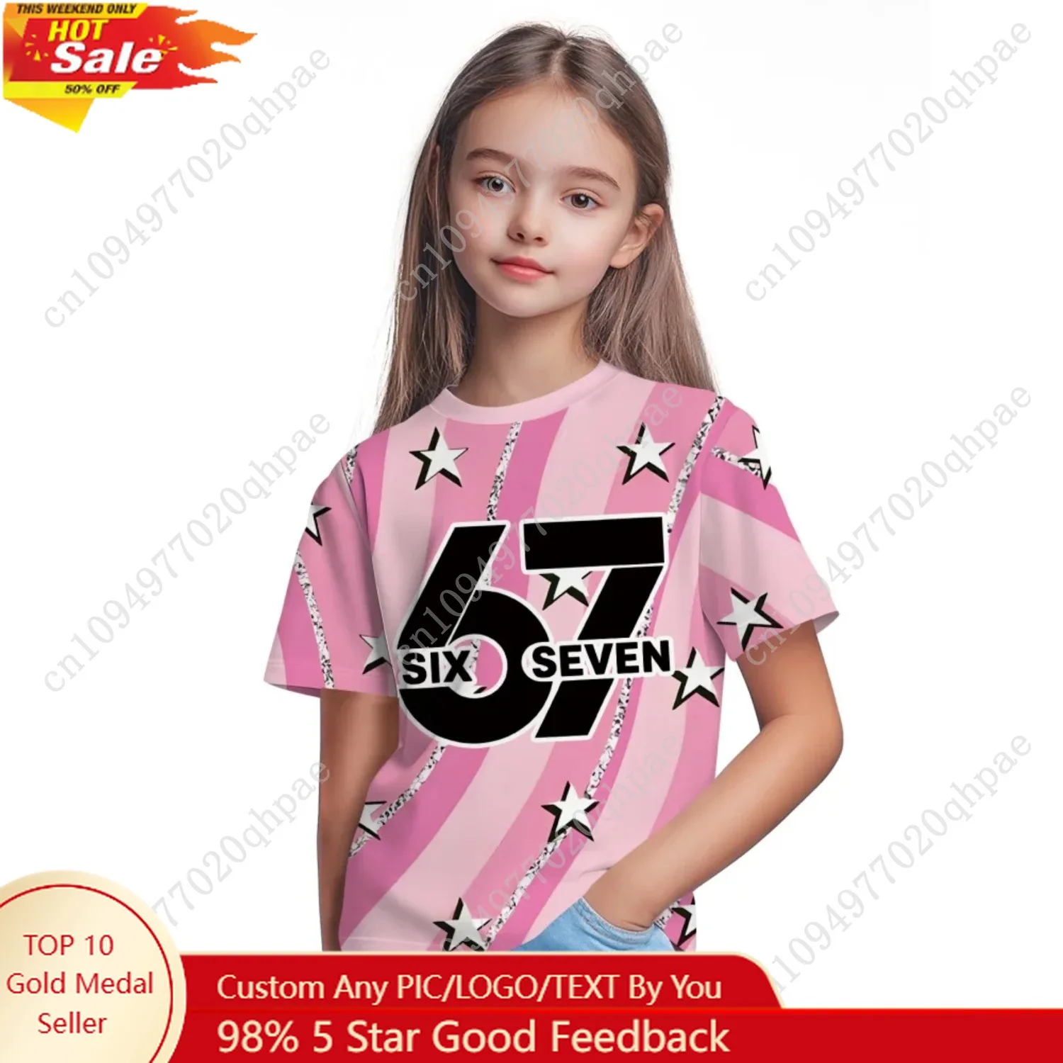 

New Fashion Girls Clothing Cute Pink Stripe Star Number "67" 3D Digital Print Specially Designed Short Sleeve Kids Clothes Girls