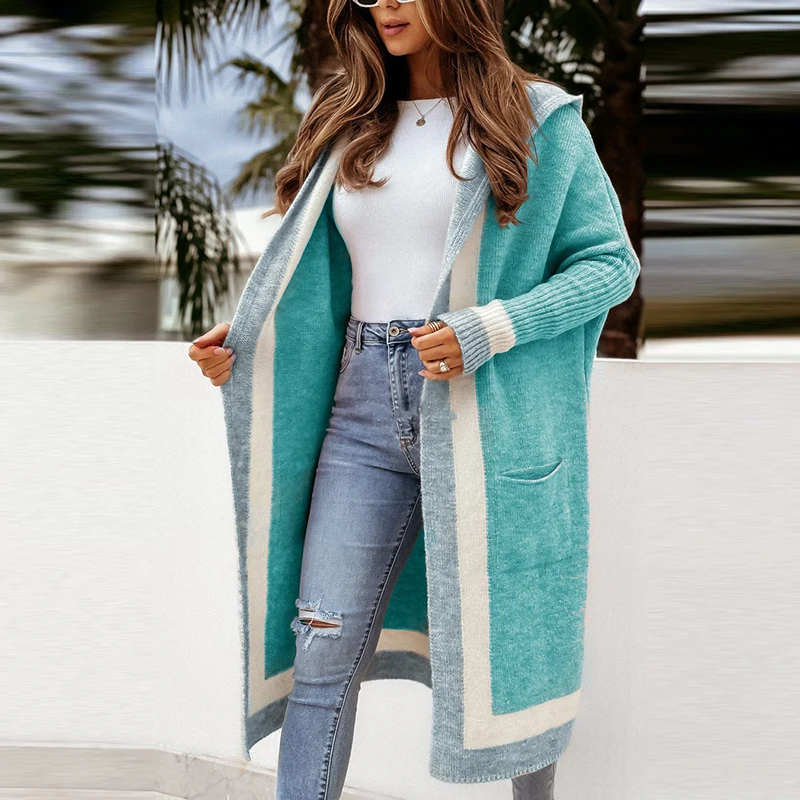 Women Casual Long Sleeve Loose Cardigan Coats Fashion Thick Warm Pockets Sweater Tops Elegant Color Blocking Long Knitted Hooded