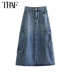 TRAF Blue Cargo Denim Skirt Women High Waist Midi Skirts for Women Summer Jeans Long Skirt Woman Holiday Casual Women's Skirts