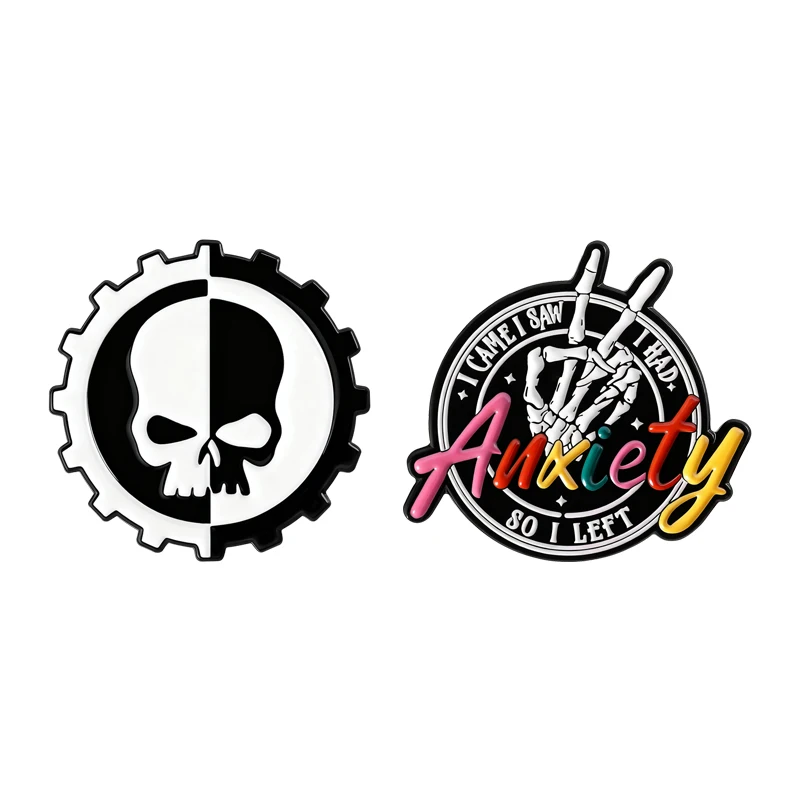 Панк-Шестерня-Черно-Белый-Скелет-Радуга-Тревога-Череп-Рука-Эмалированные-Булавки-i-saw-i-had-anxiety-so-i-left-Броши-Значок-на-лацкане-Подарки