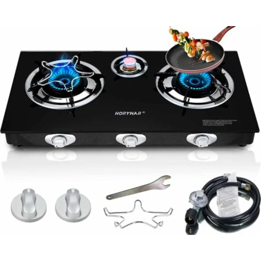 

3 Burner Propane Stove Auto Ignition 28 000 BTU Thickened High-Temperature Glass Easy to Clean CSA Hose for Outdoor Cooking RV