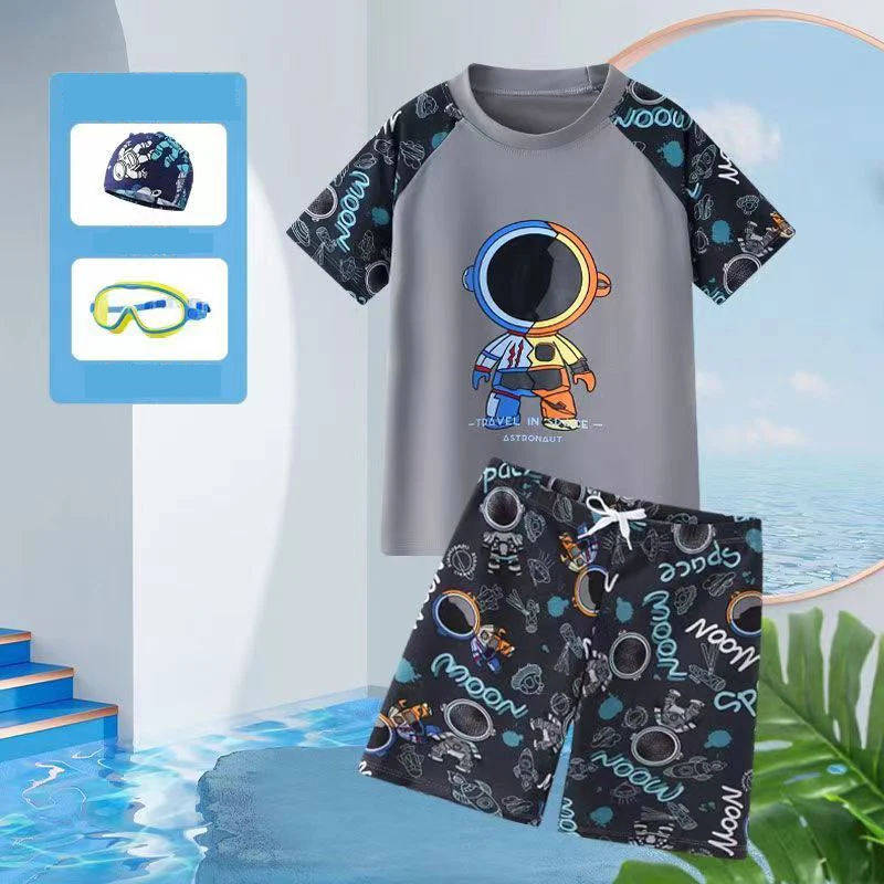 4 Pieces Swim Suits  Boys Swimming Training Clothes Summer Sunscreen Short Sleeve Swimsuit(t-shirt+trunk+goggles+cap)