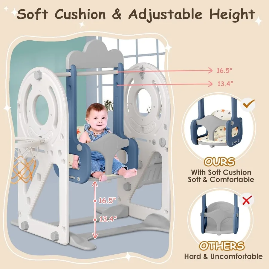 Ensemble toboggan et balançoire pour tout-petits 5 en 1, toboggan pour bébé sur le thème du Bus pour tout-petits de 13 ans, aire de jeux extérieure et intérieure pour tout-petits, bleu gris