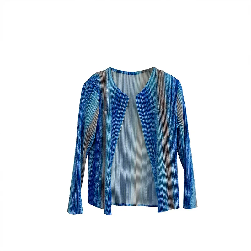 Miyake Summer New 2025 Folded Striped Printed Top Women's Fashion Loose Short Versatile Pleats Small Jacket Pleated Cardigan