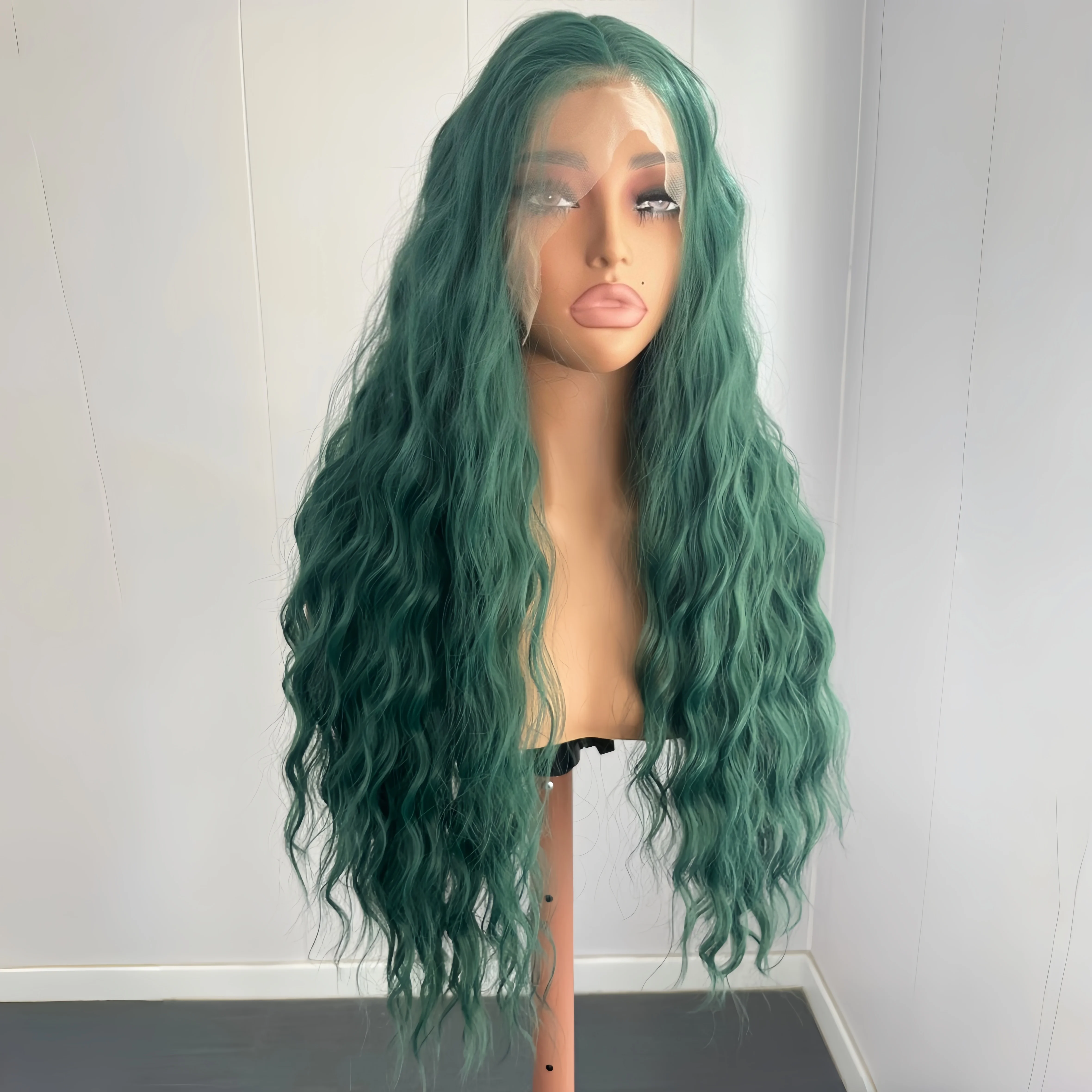 Green Long Water Wave Synthetic 13X4 Lace Front Wigs Free Part Natural Hairline Heat Resistant for Women Daily Party Cosplay