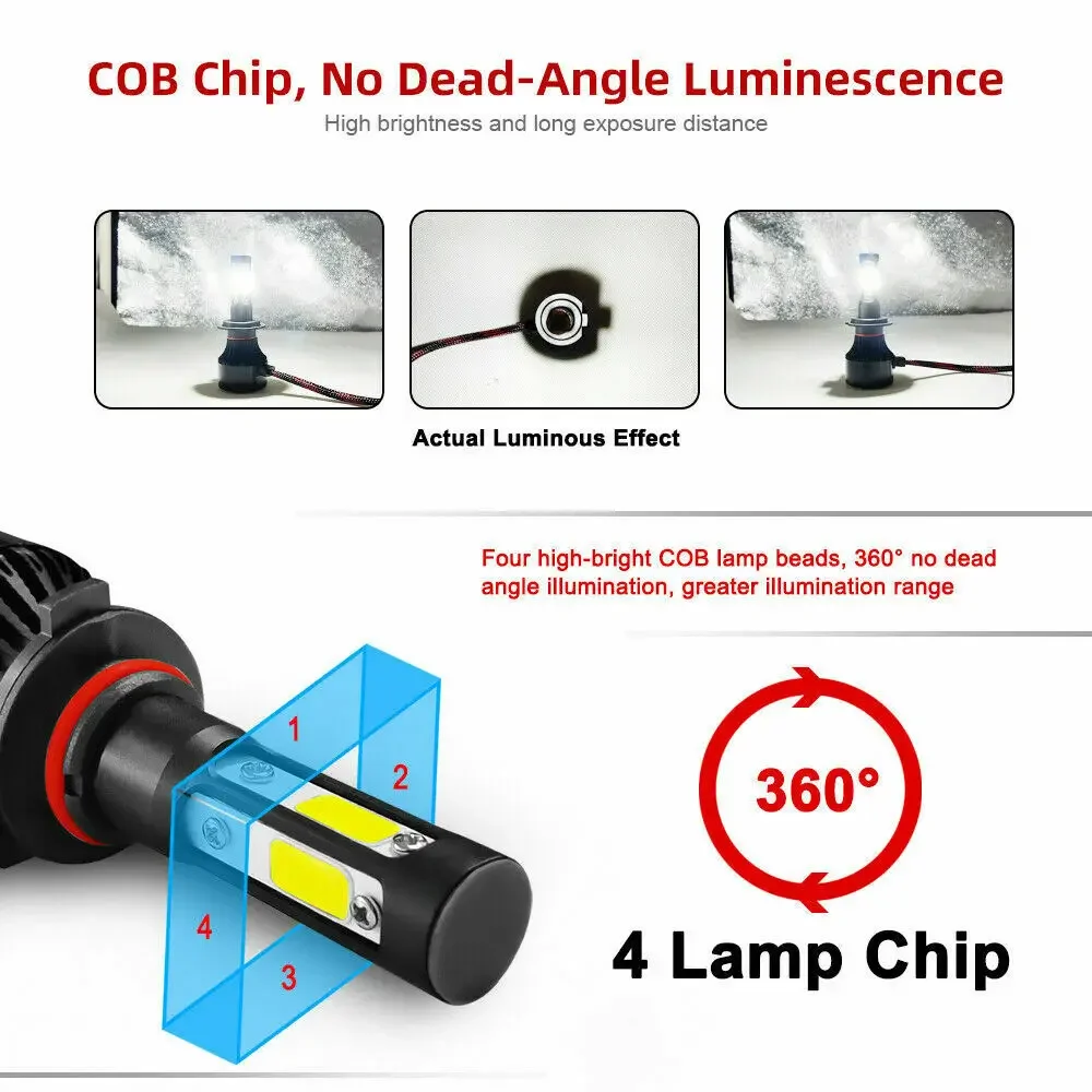 ASLENT 2x H4 H7 H11 H8 H9 H13 HB3 9005 HB4 9006 9004 9007 4 Sides COB LED Bulb Car Headlight Auto Headlamp Fog Light 6000K White
