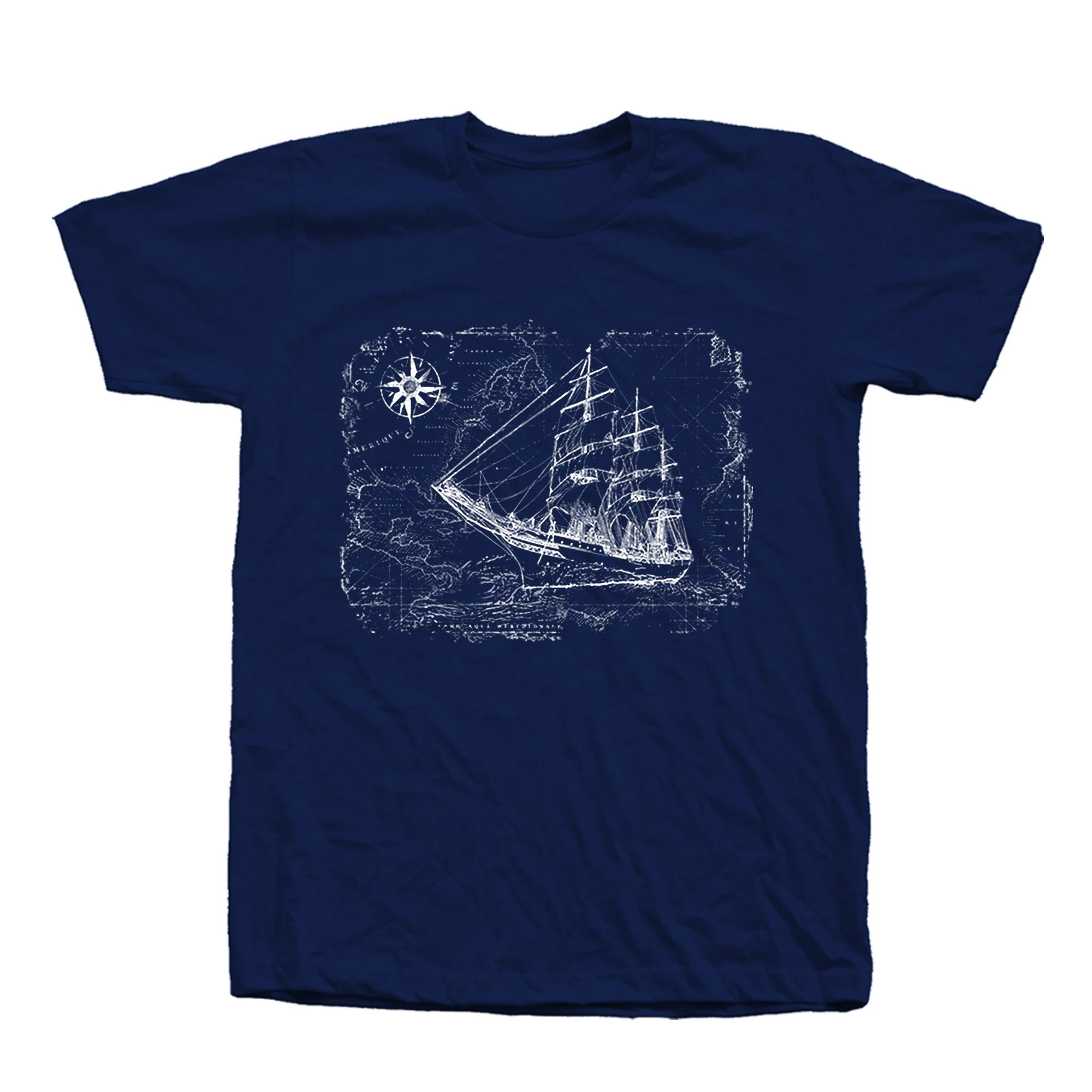 Summer Hot Selling Sailing Ship T-shirt: Compass Map Graphic, Cotton Crew Neck Men's Short Sleeved T-shirt