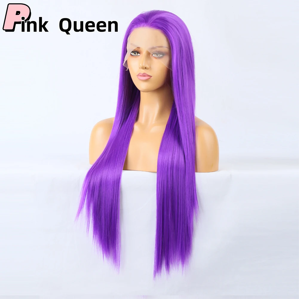 Peruca longa reta de cabelo roxo, 13*2.5 Front Lace, fibra resistente ao calor sem cola, linha fina natural, cabelo sintético