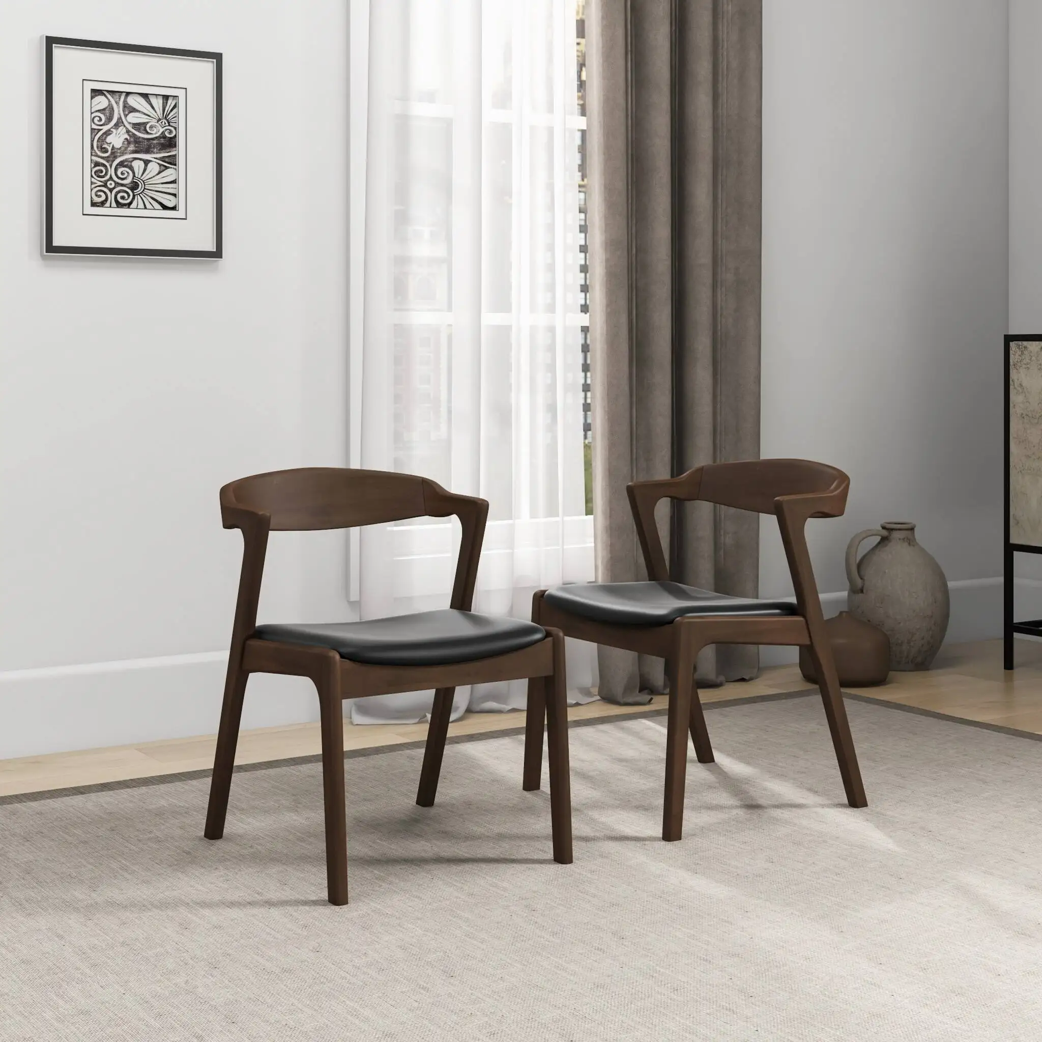 Dakota Solid Wood Black Leather Dining Chair Sets For Restaurant Dining Room Coffee Shop