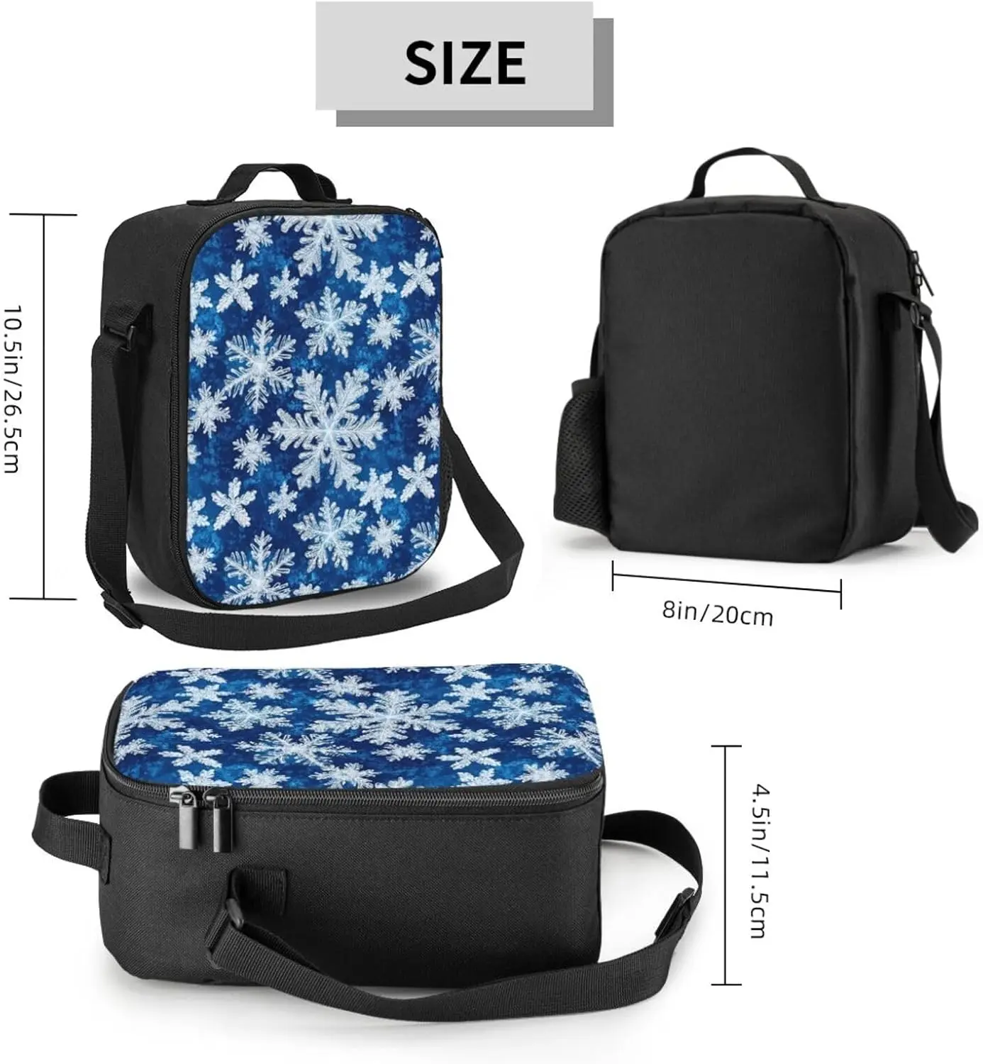 Fiambrera para adultos con estampado de copos de nieve azules y blancos para mujeres y hombres, bolsa térmica pequeña aislada con correa ajustable para el hombro