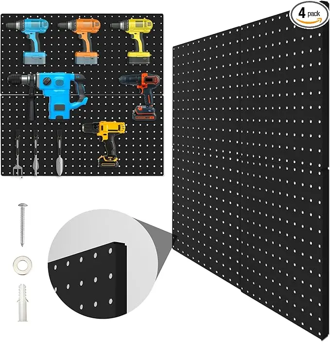 Peg Board, 4 Pack Metal Pegboard Panels Black Pegboards Wall Organizer with Bent Frame Large Heavy Duty Peg Board