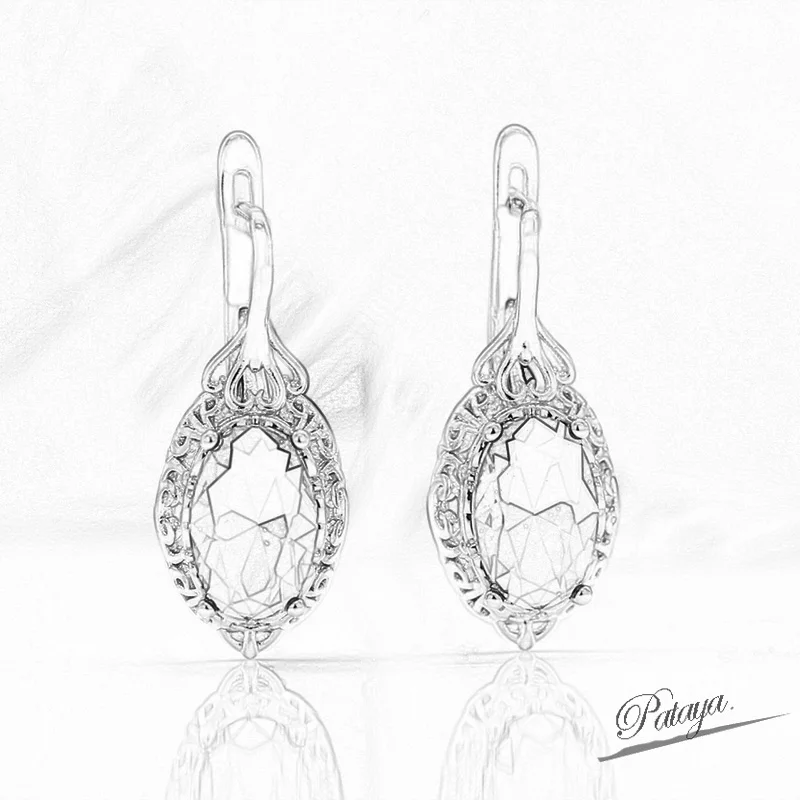 PATAYA Hot Elliptical Natural Zircon English Earrings for Women 585 Rose Gold Color High Quality Daily Jewelry