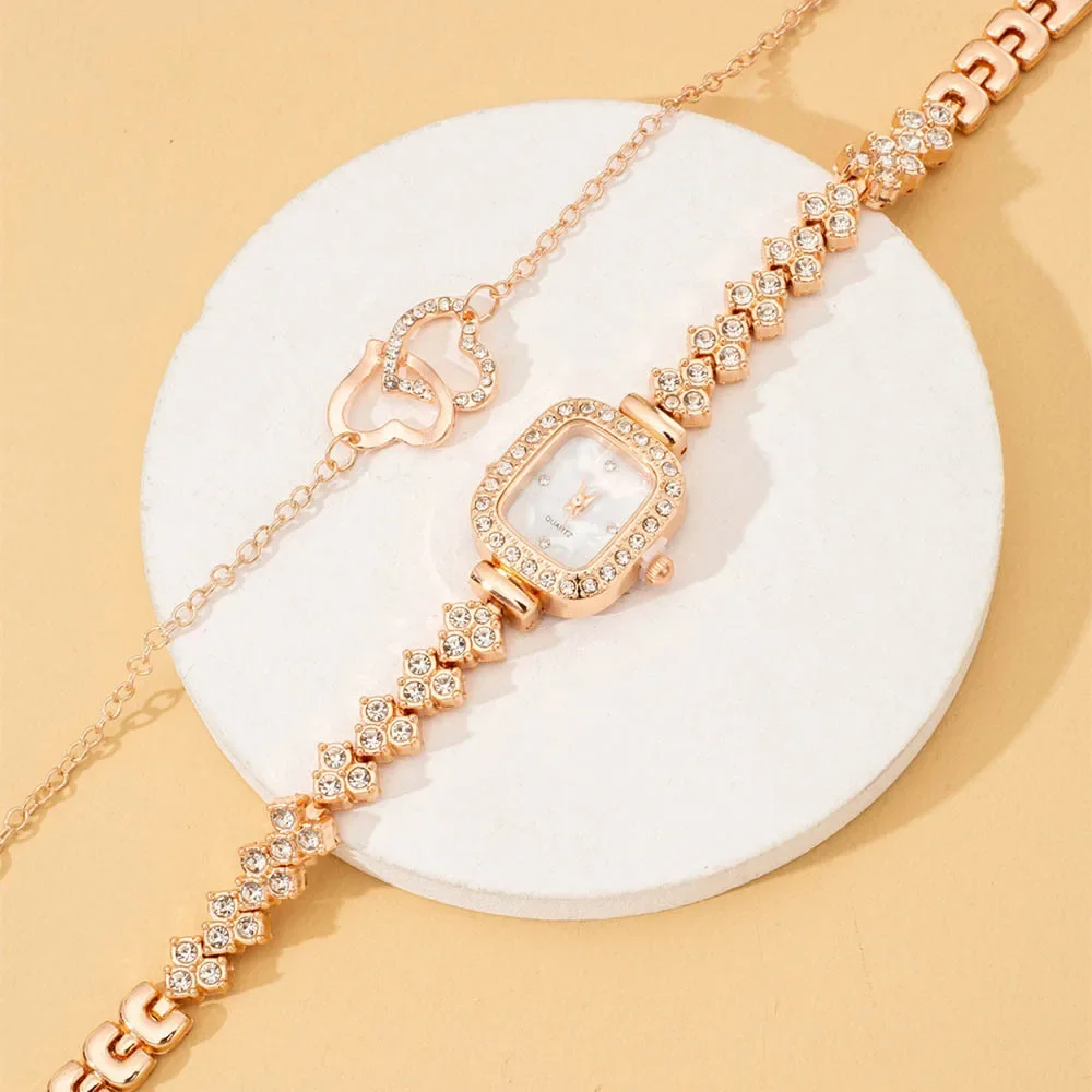 2pcs Rose Gold Watches Crystal Bracelet Fashion Versatile Diamond Inlaid Ladies Small Steel Band Quartz Watch with Bracelet Set