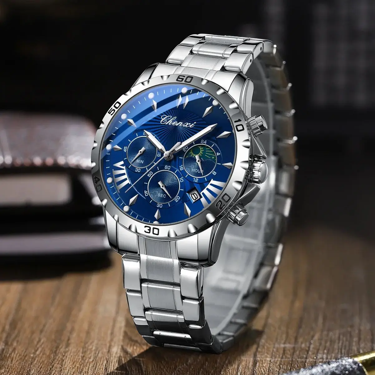 ใหม่ 2025 CHENXI นาฬิกาสําหรับบุรุษแฟชั่นกีฬากันน้ํา Luminous Timing สายสแตนเลสนาฬิกาข้อมือ