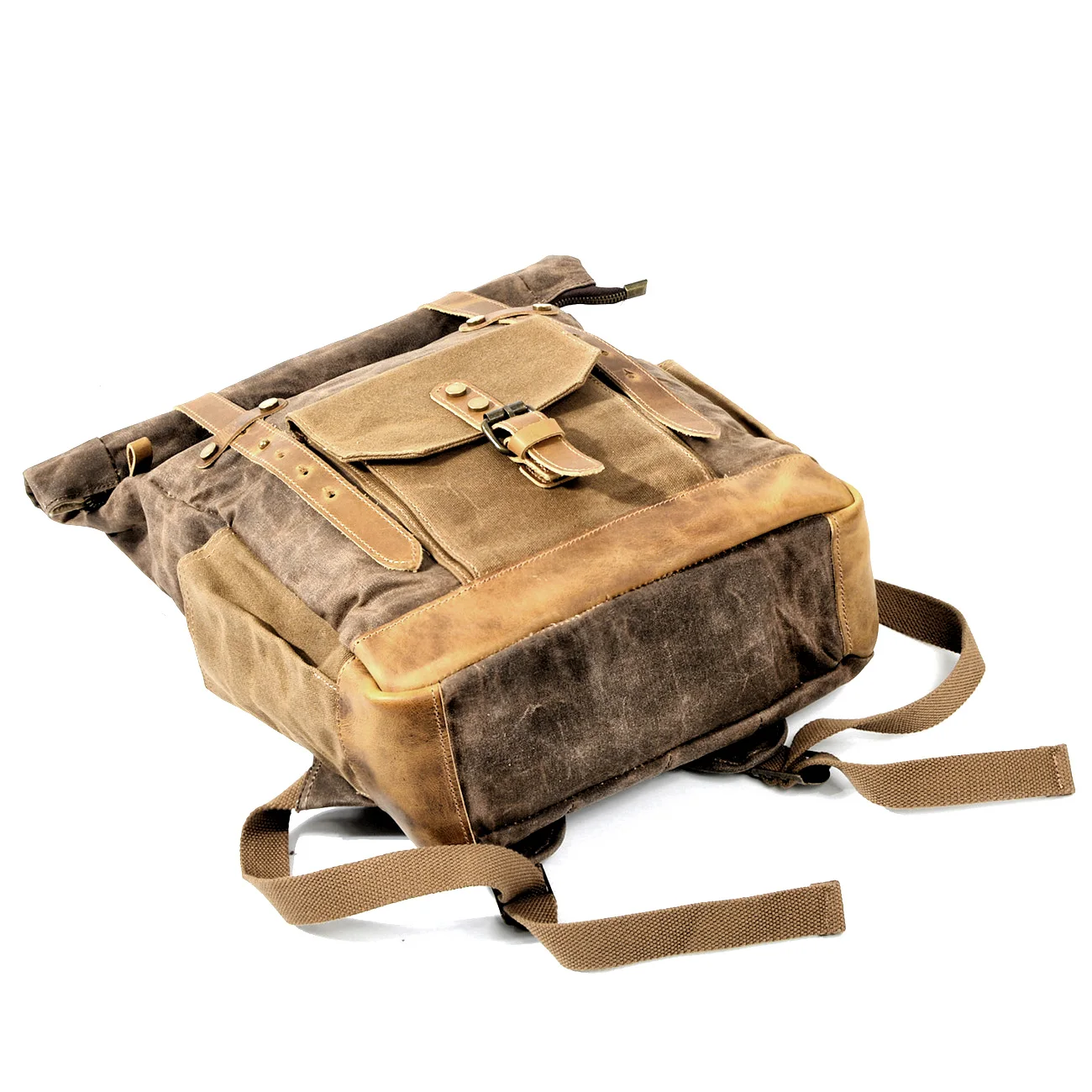 Multifunction Fashion Men Backpack Vintage Canvas Roll Top Backpack Leather School Bag Portable Wearproof Travel Weekend Bag