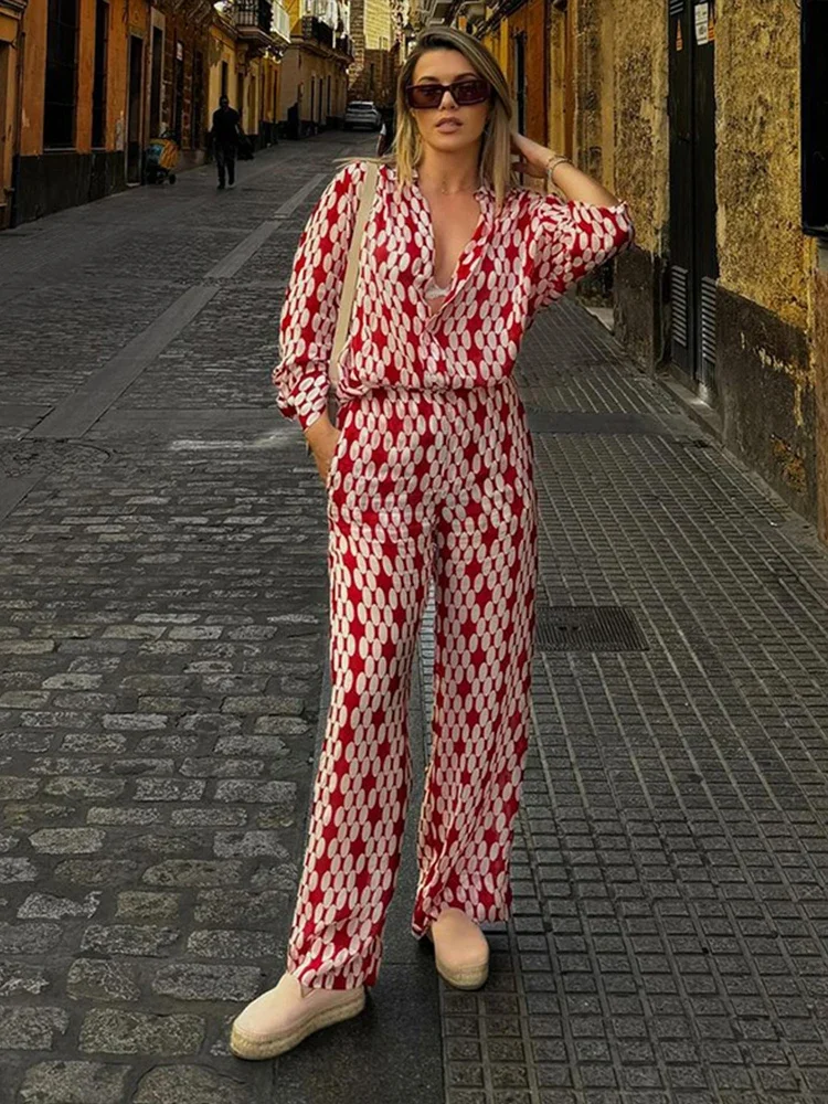 Camisa de lunares roja y blanca, conjunto de pantalones, camisas de gasa informales holgadas, blusa, pantalones de pierna ancha, ropa de protección solar para vacaciones y playa