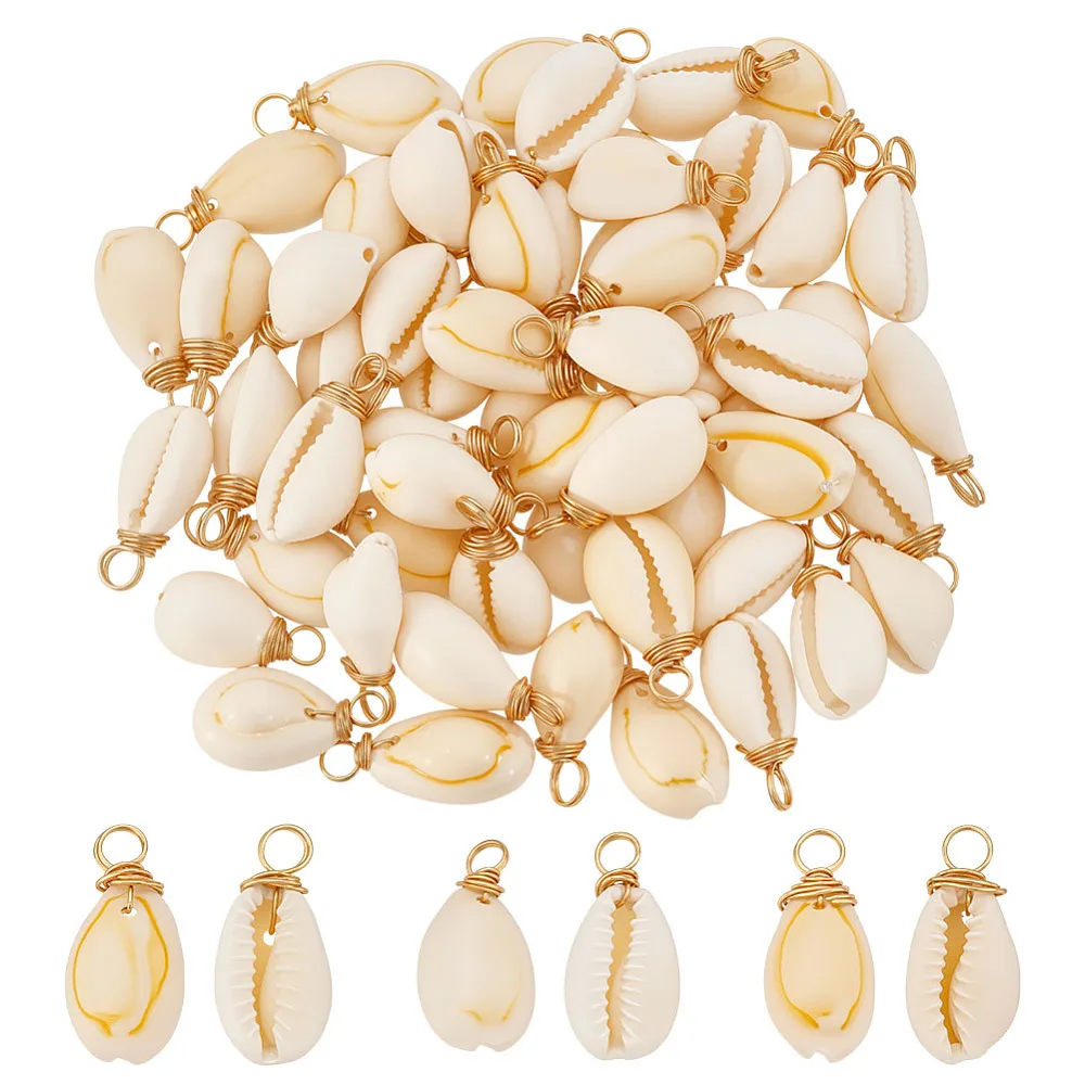 60Pcs Cowrie Shell Dyed Pendants with Brass Wire Loops Shell Shape Charms Golden 22x11x8mm Hole: 2.8mm