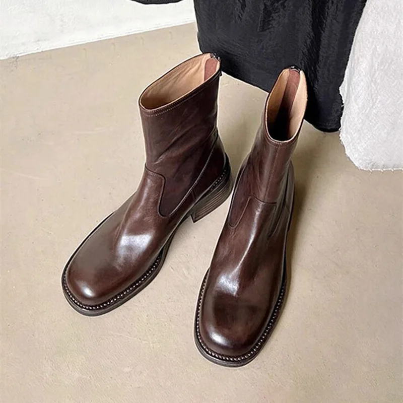 ZA Fashion Black Ankle Boots Women Round Toe Vintage Low Heel Office Shoes Ladies Autumn Winter Motorcycle Boots