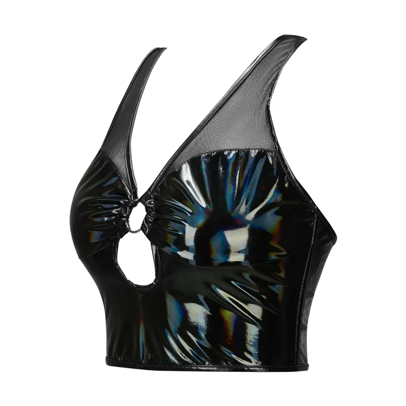 Women PU Leather Corsets Camisole Tops Sexy Black Halter Mesh Patchwork Hollowing Bustier Crop Top Clubwear Wet Look Corset Vest