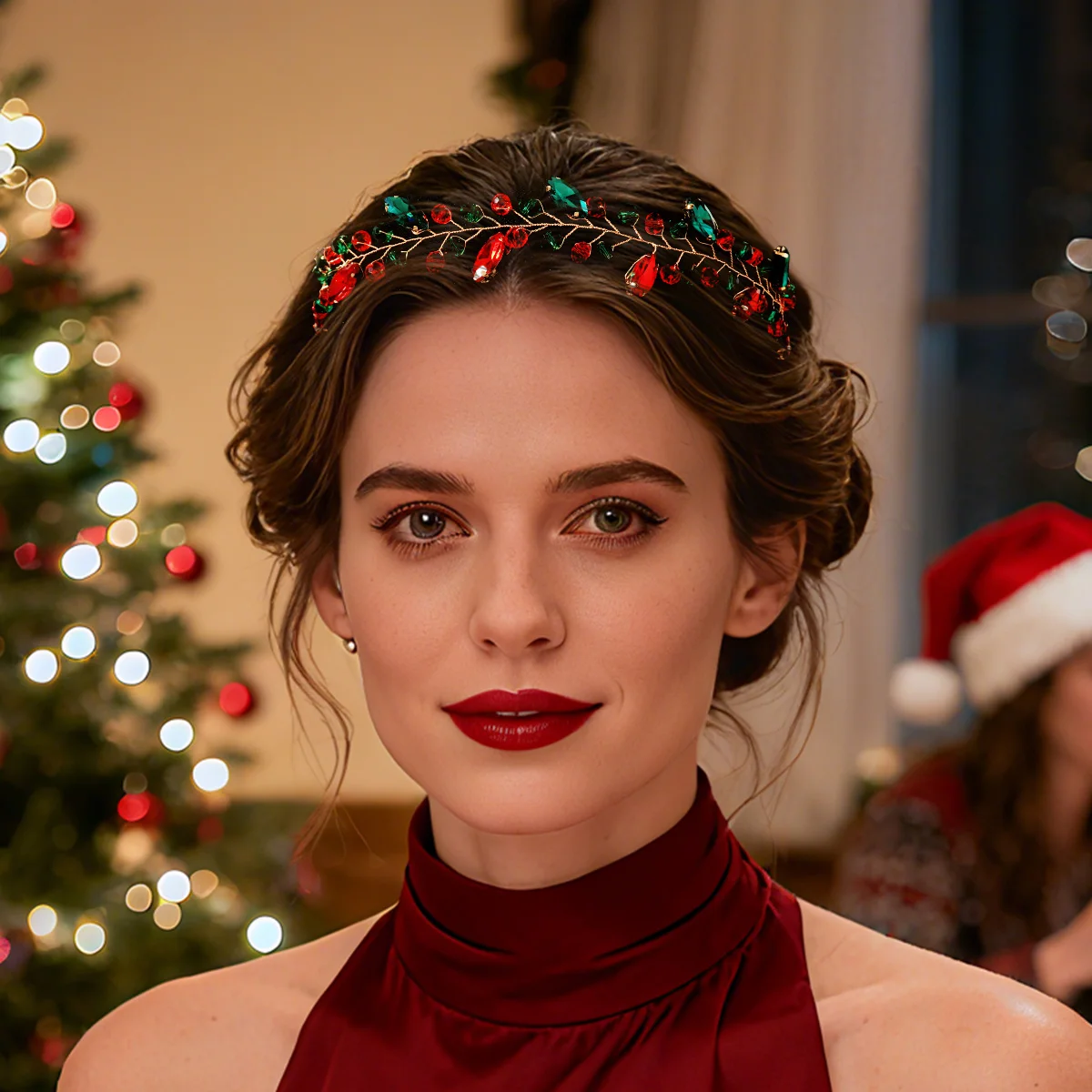 عيد الميلاد كريستال هيرباند موضة مجوهرات الحفلات إكسسوارات الشعر للنساء كلاسيكي أخضر أحمر مطرز الفتاة عقال تيارا #2