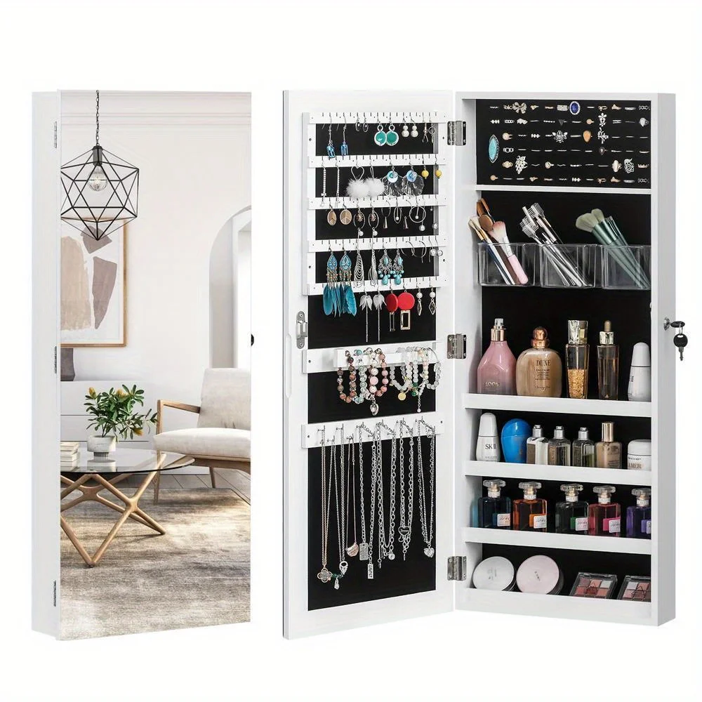 

Jewelry Cabinet Organizer Armoire Wall Door Mounted Lockable w/ Frameless Mirror