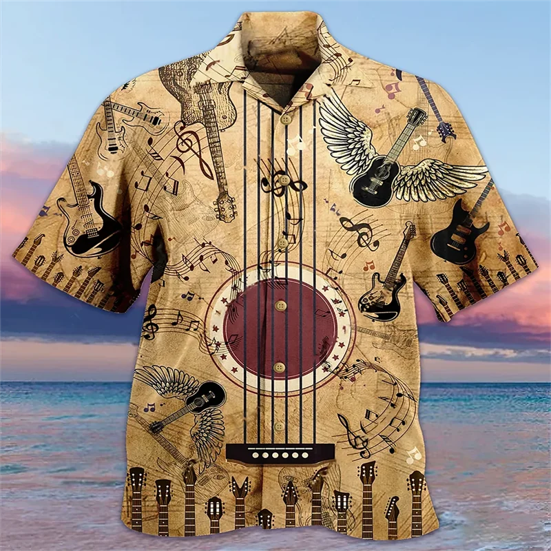 3d Print Instrument Piano Guitar Trendy Fashion Hawaiian Shirt Beach Party Blouse Short Sleeve Lapel Men Clothing Oversized Tops