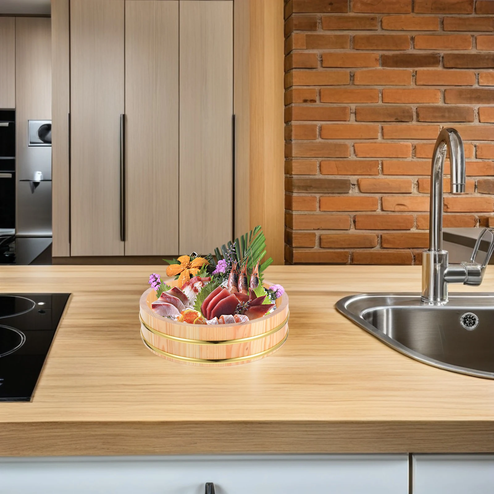 

Japanese Wooden Tub 26Cm Traditional Hangiri Sushi Oke Sturdy Wood Bowl For Restaurant Large Capacity Food Container