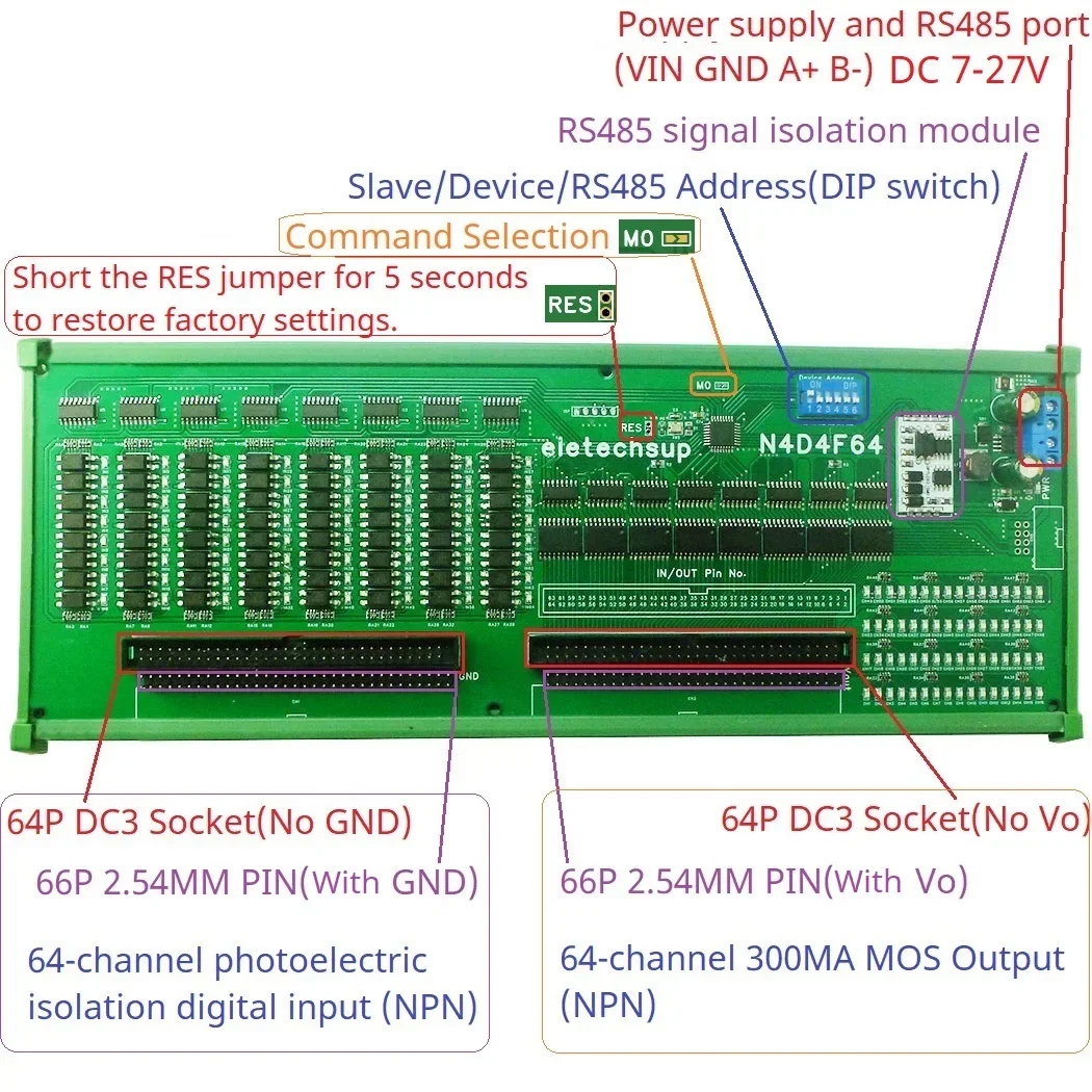 DC 7-27V 64CH Multifunction Modbus DI-DO Module Isolate Input Darlington Output for PLC Relay HMI IC Tester Industrial Control