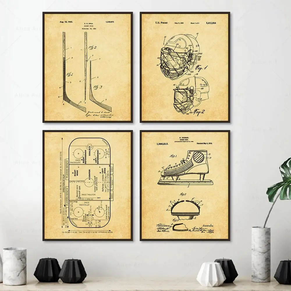 Póster de charol de Hockey sobre hielo, palo de área de Hockey, arte de zapatos, pintura en lienzo, impresión deportiva, arte de pared, imagen, decoración de la habitación, regalo de jugador de Hockey