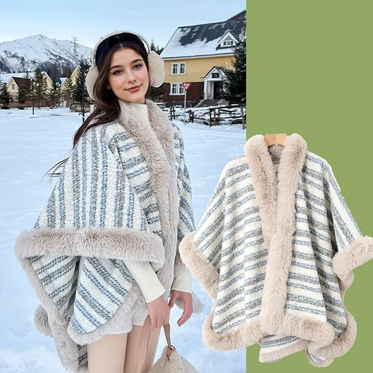 여성용 판초 겨울 인조 모피 오버사이즈 코트 망토 두꺼운 안감 컬러블록 스트라이프 레이어드 아우터웨어 케이프