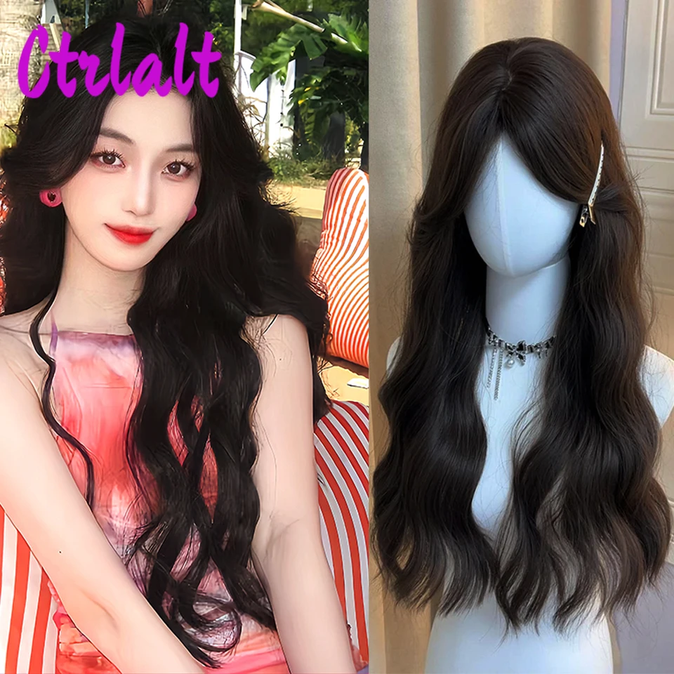 Wig sintetis hitam rambut palsu lurus panjang untuk wanita, Wig bagian tengah untuk pesta Cosplay rambut palsu tahan panas