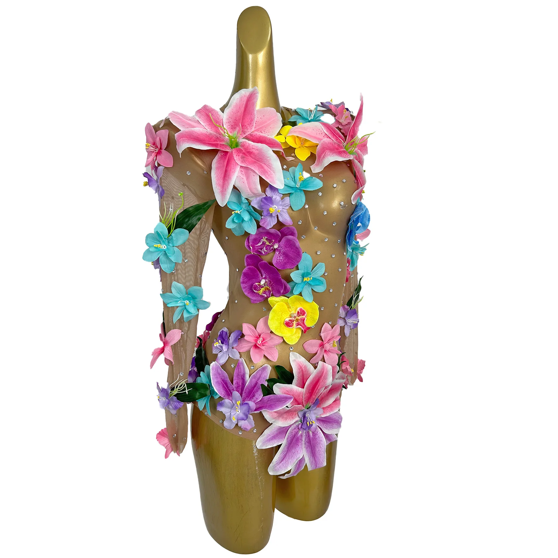 Huaduo Sexy Perspective Jumpsuit Colorful 3D Flower Rhinestone Tight Shorts Bar Dancer Performance Outfit Themed Party Dress