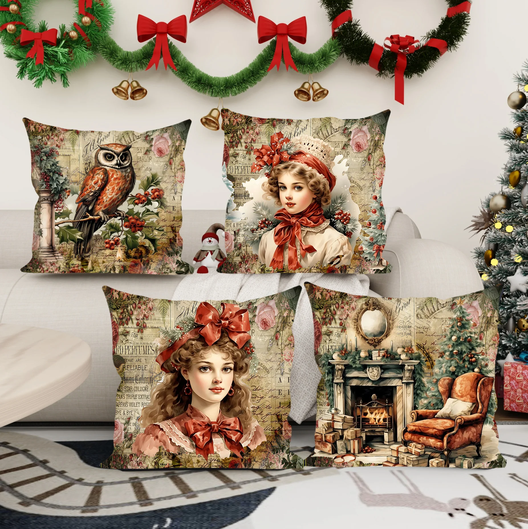 4 Pcs Merry Christmas Decorative Pillow Cover 18x18 In Throw Pillowcase Christmas Decorations Home Decor Cushion Cover for Sofa