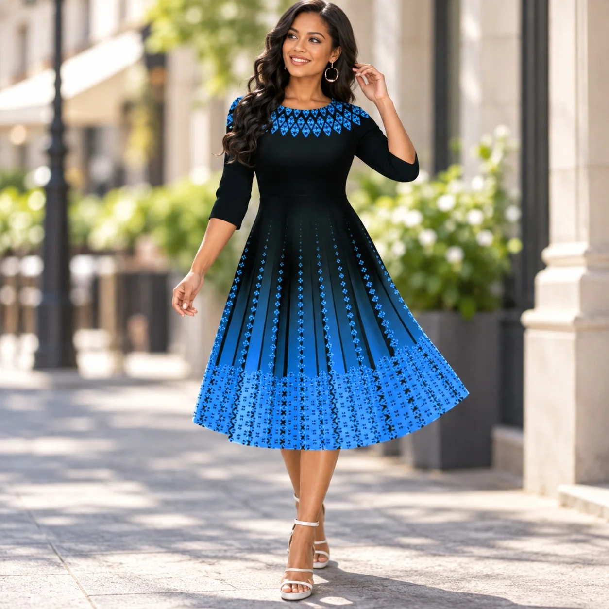 Printed Half Sleeve Dress a Line Commuter Chic with Midi Length Gradient Pattern Pullover Regular Sleeve Urban Dresses for Women