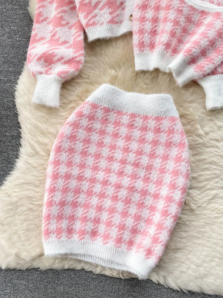 Nowa jesienna dzianina Plaid Cardigans + Camisole + spódnice 3 sztuk zestawy koreańska krótka sweter płaszcz + kamizelka + Mini spódnica garnitury