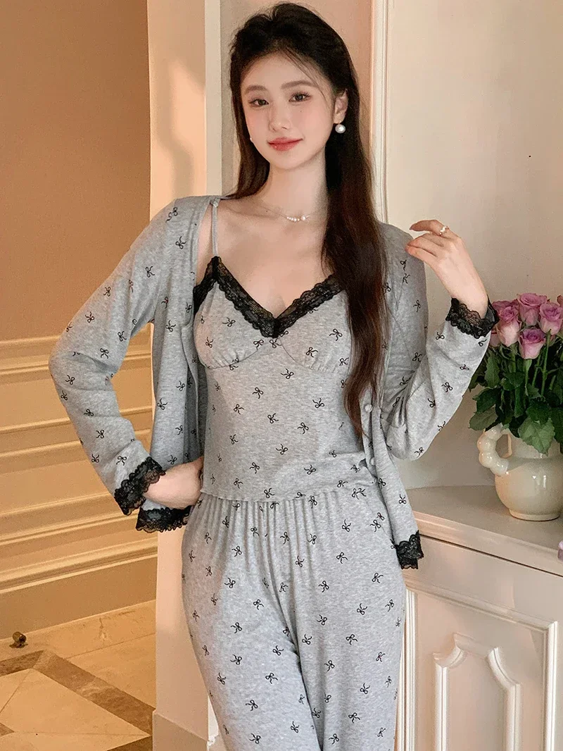 French Princess Sleepwear for Women Autumn Suspender Sexy Pure Wind Belt Chest Cushion Three Piece Set Home Clothing Nightwear