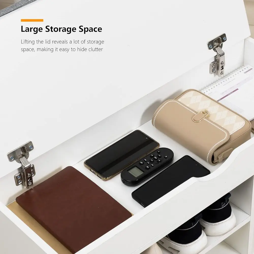 白とグレーの玄関用シューズベンチ、スタイリッシュな靴の整理に最適な収納付き