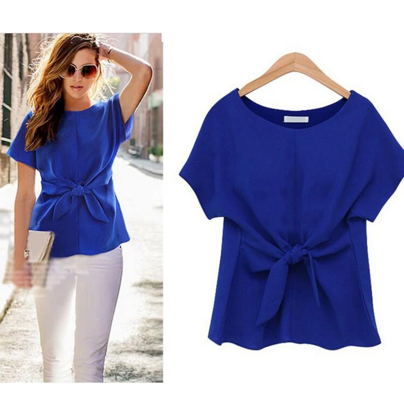 

2022 Summer Fashion Batwings Bowknot Blouses O-Neck Short Sleeve Shirts Casual Chiffon Slim Tops