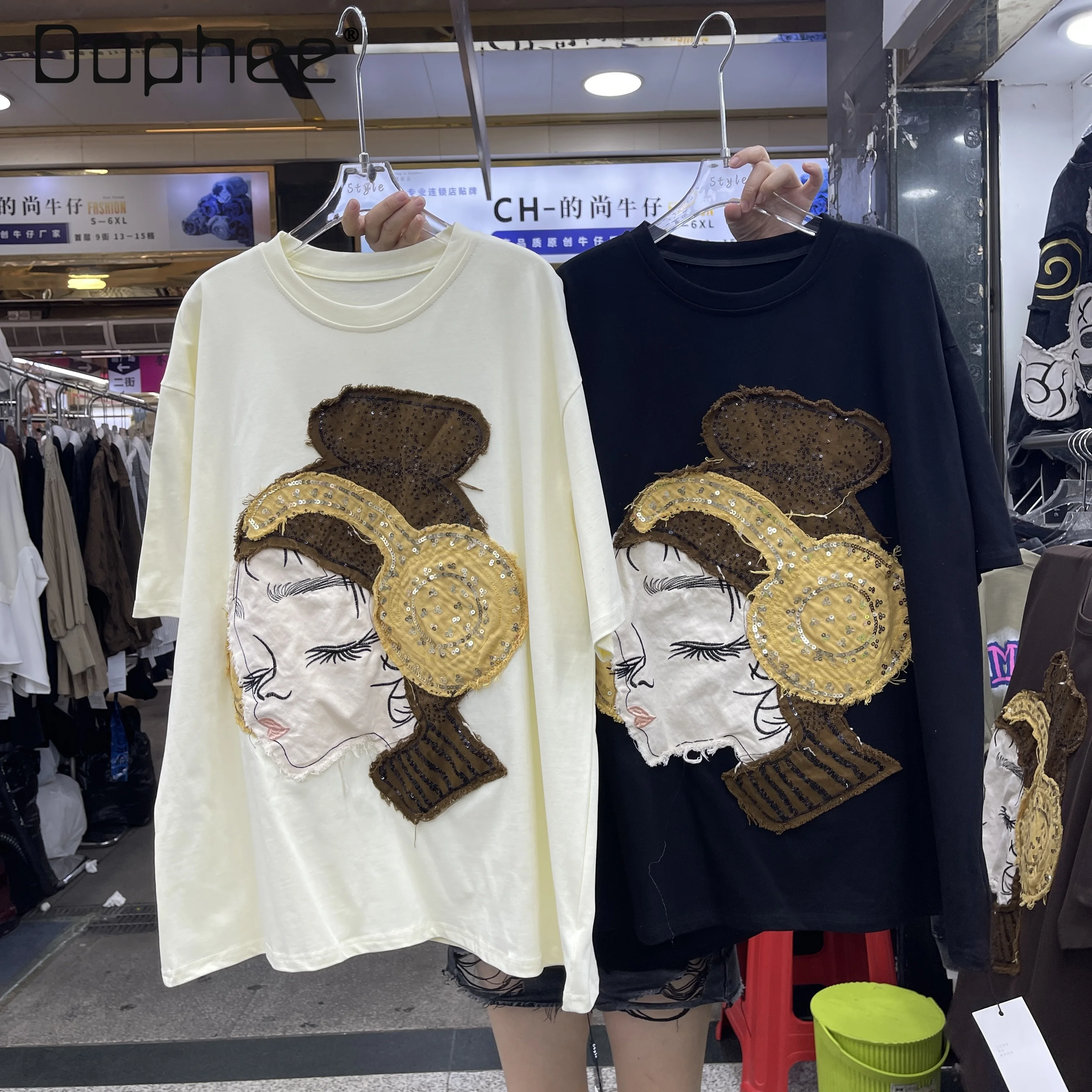 

European Black T-Shirt for Women 2025 Autumn New Loose Fit Heavy Patchwork Retro Short Sleeve T-Shirt Round Neck Cartoon Top