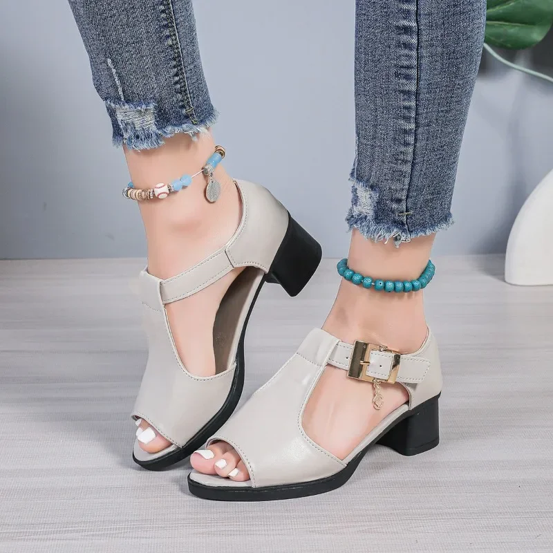 

Ladies Shoes 2025 Brand Peep Toe Women's Sandals Fashion Buckle Strap Office and Career Summer Sweet Plus Size Heeled Sandals