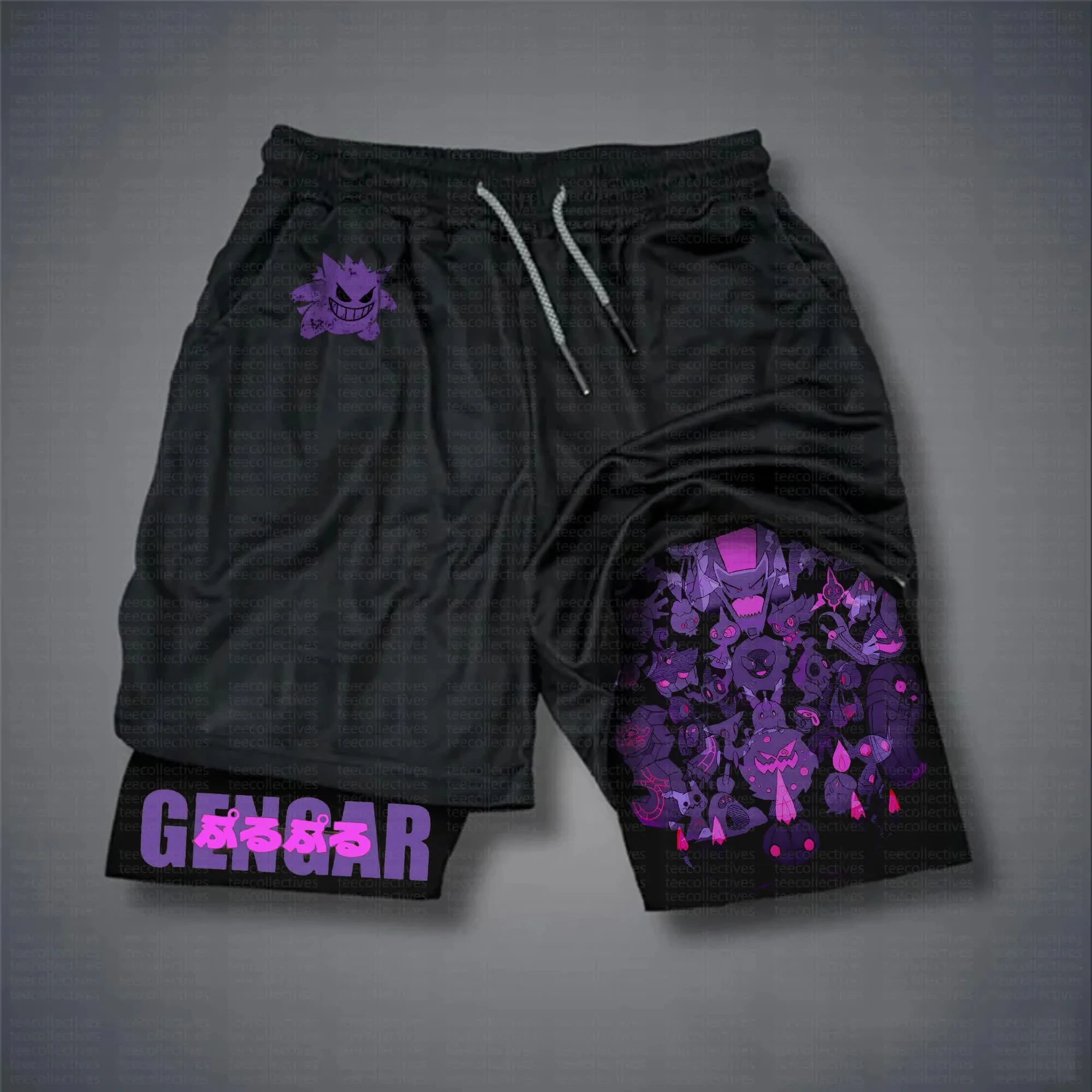 pokemon-gengar-shorts-masculino-algodao-calcas-esportivas-2025-verao-grafico-bottoms-base-preta-gengar-personagem-roxo-gotejamento-arte-bolso-esquerdo
