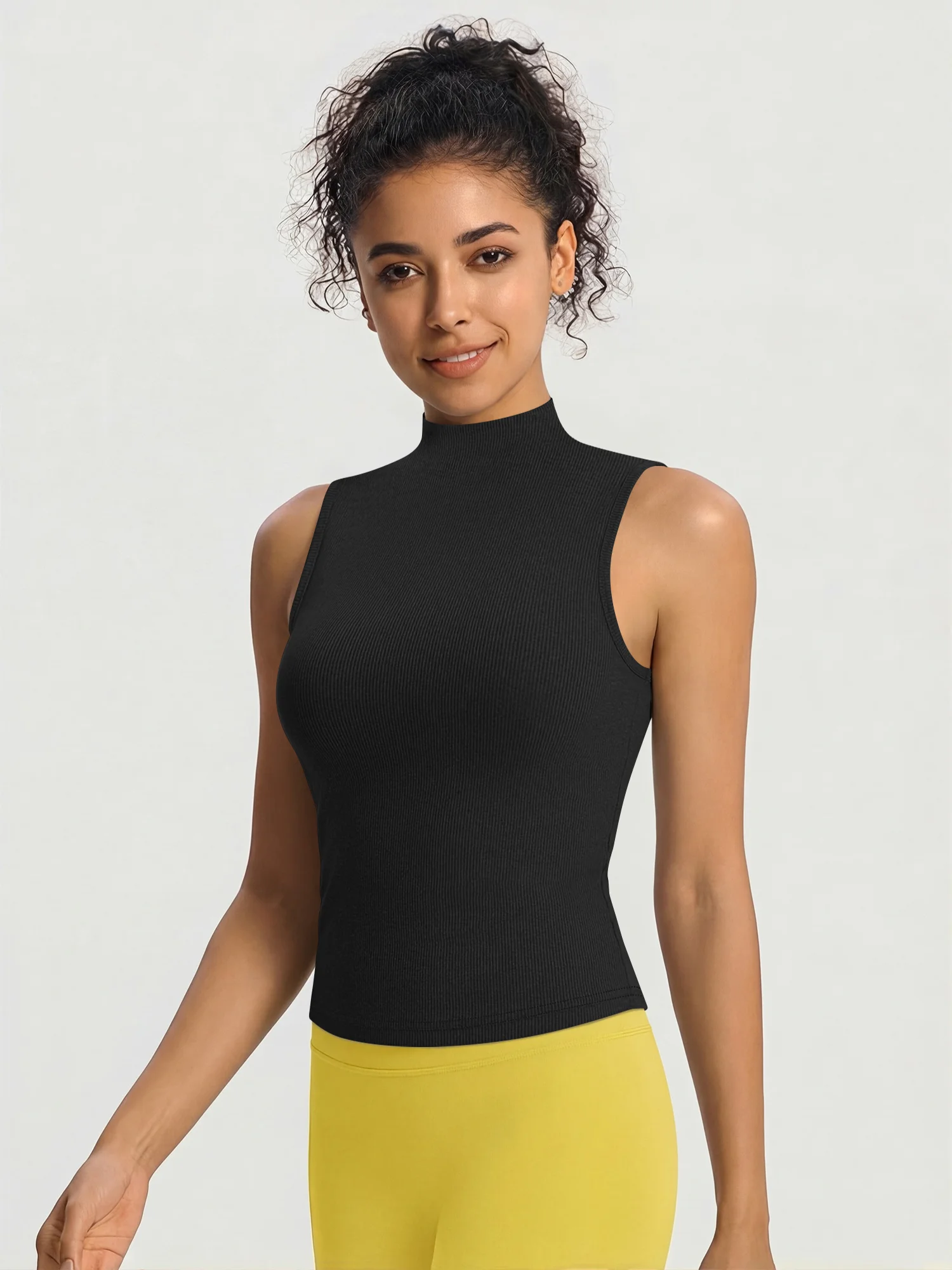 Sleek Layering High‑Neck Ribbed Cami, Wavy‑Trim Sleeveless Shirt for Year‑Round Mix‑and‑Match Combinations